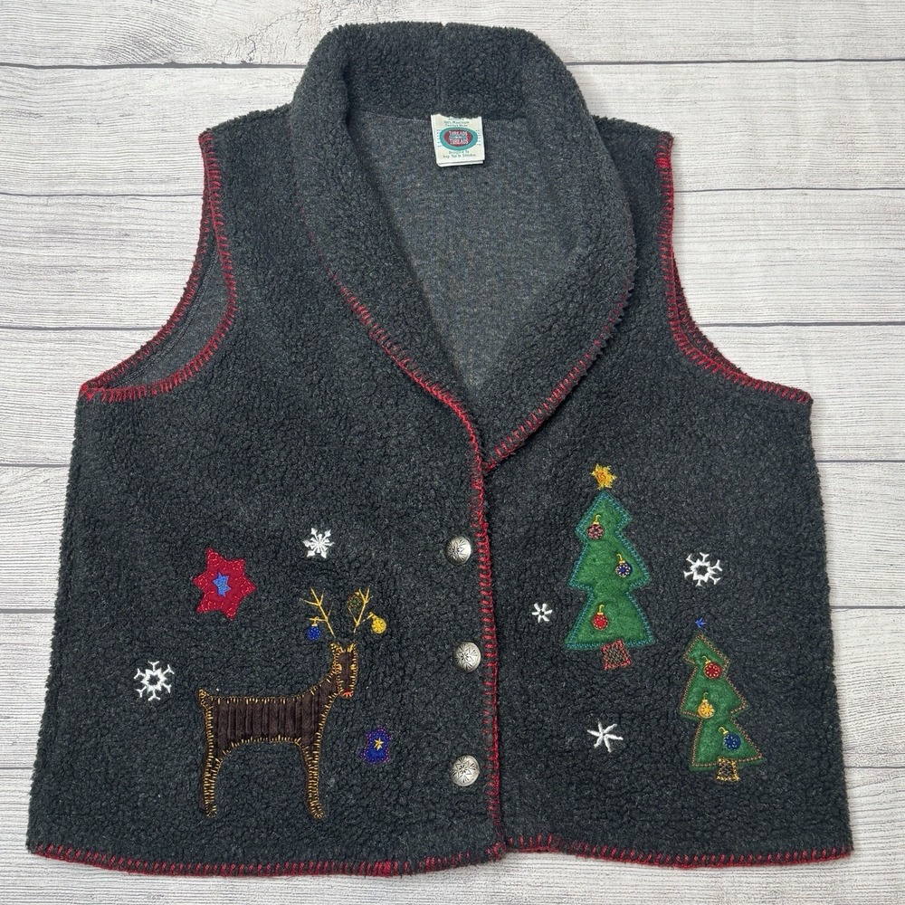 Threads on‎ Threads Vintage Christmas Holiday Fuzzy Appliqué Vest Size Large